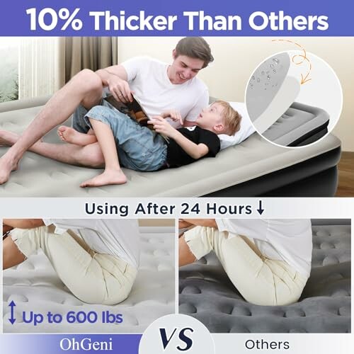 Comparison of thicker air mattress supporting a man and child.