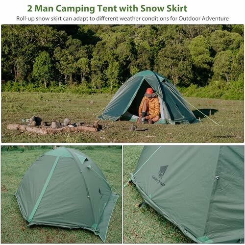 Green camping tent with snow skirt in forest setting.