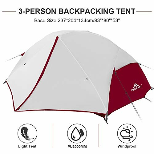 3-person backpacking tent with features listed: light, PU3000MM, windproof.