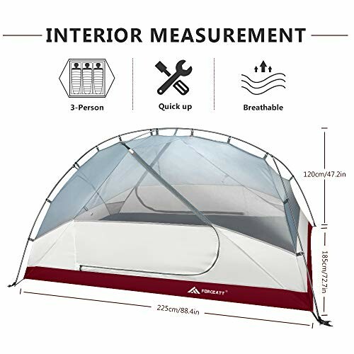 Diagram showing interior measurements of a 3-person tent with quick setup and breathable features.