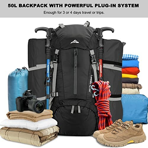 50L backpack with travel gear including hiking poles, sleeping bag, clothing, camera, rope, and shoes.