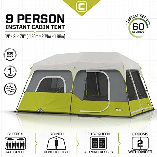 9 person instant cabin tent with two rooms and divider, fits two queen air mattresses.