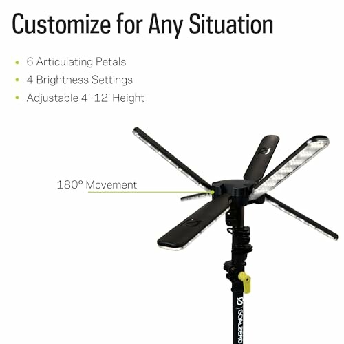 Adjustable light stand with six articulating petals and brightness settings.