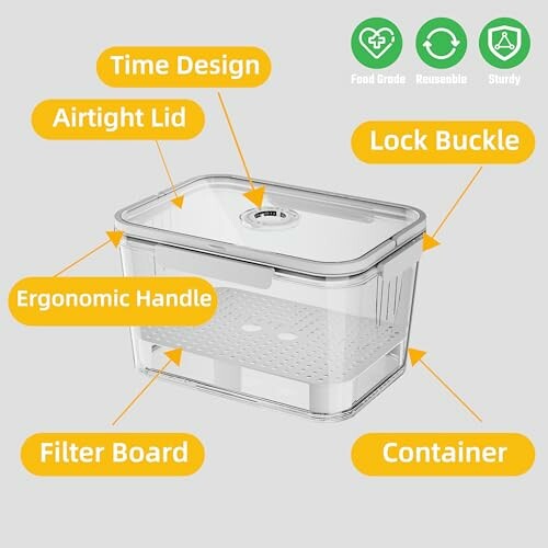 Transparent airtight container with ergonomic handle and lock buckle.