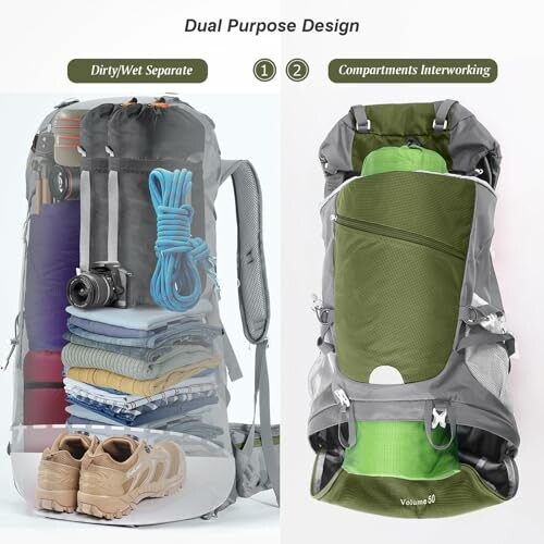 Backpack with dual purpose design showing separate and interworking compartments.