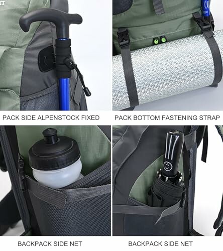 Backpack with alpenstock, fastening strap, side net, and side pocket.