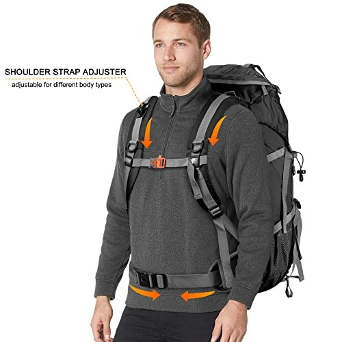 Man wearing a large backpack with adjustable shoulder straps.