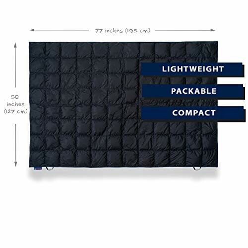 Black lightweight, packable, compact blanket with dimensions 77x50 inches.