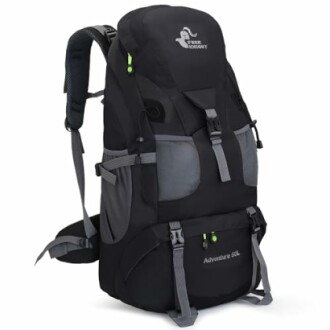 Black hiking backpack with multiple compartments and straps