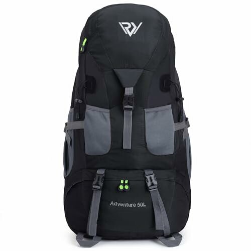 Black hiking backpack with multiple pockets and straps