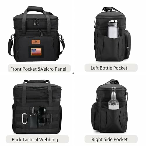 Black tactical bag with front Velcro panel, left bottle pocket, back webbing, and right side pocket.