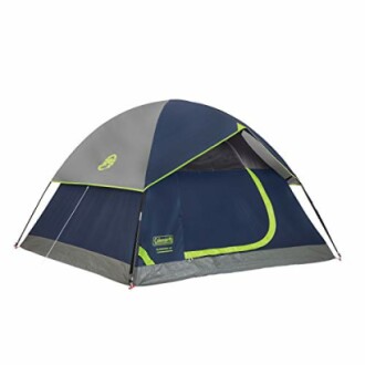 Blue and gray dome camping tent with a front door