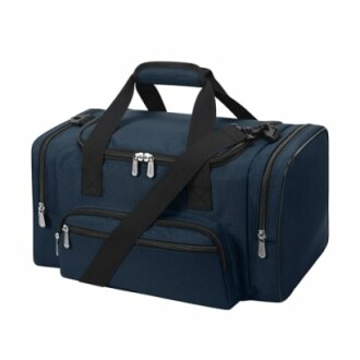 Blue duffel bag with multiple zippers and handles