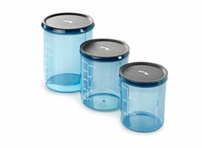 Set of three blue kitchen storage containers with black lids.