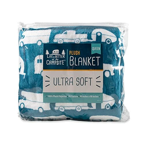 Blue plush blanket with RV pattern in packaging