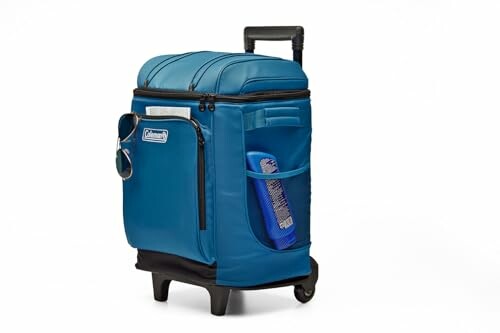 Blue rolling cooler bag with side pocket and handle