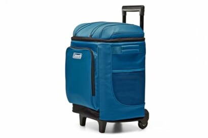 Blue rolling cooler with telescopic handle and pockets