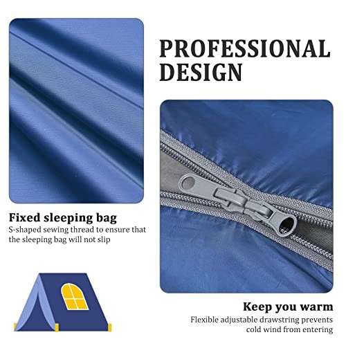 Close-up of blue sleeping bag with zipper and professional design features.