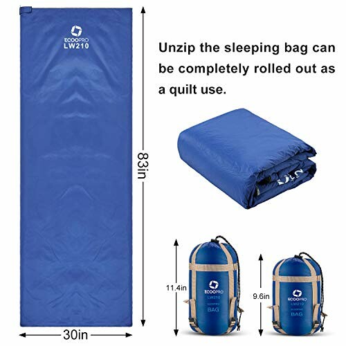 Blue sleeping bag shown unfolded as a quilt and packed in a bag.