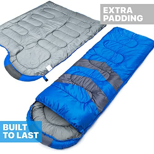 Blue sleeping bag with extra padding and built to last features.