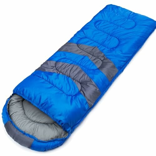 Blue sleeping bag with gray interior showcasing comfort and style.