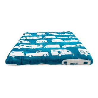 Blue blanket with white camper and vehicle pattern