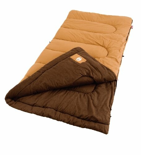 Brown sleeping bag with open flap