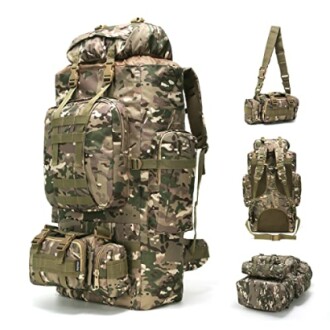 Large camouflage tactical backpack with detachable components.