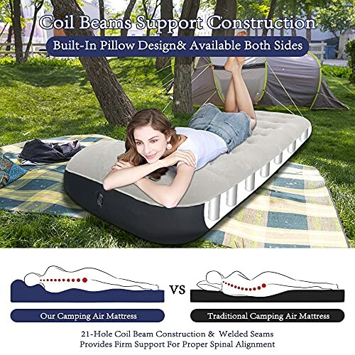 Woman relaxing on a camping air mattress with coil beam support next to comparison diagram.