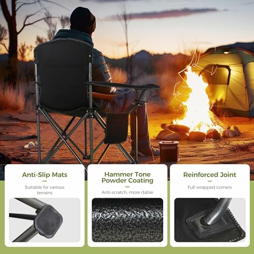 Person sitting by a campfire in a folding chair with product features.