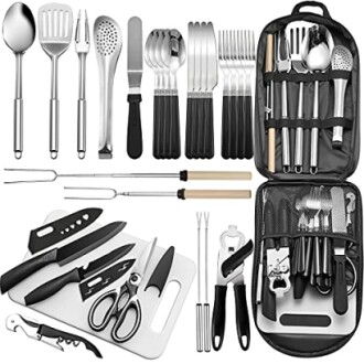 Comprehensive camping cooking utensil set with various tools.