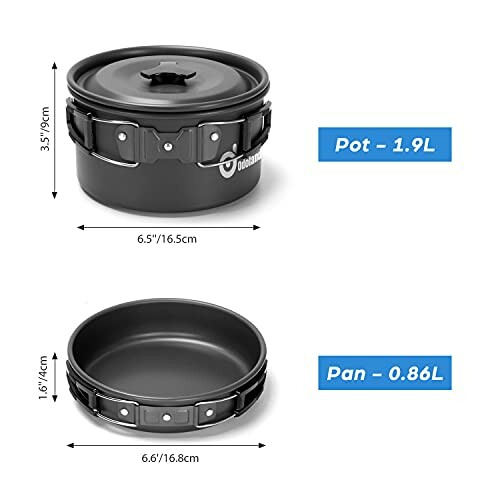 Camping cookware set with 1.9L pot and 0.86L pan.