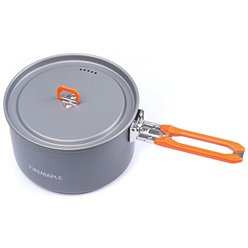 Camping cookware pot with lid and foldable handle.