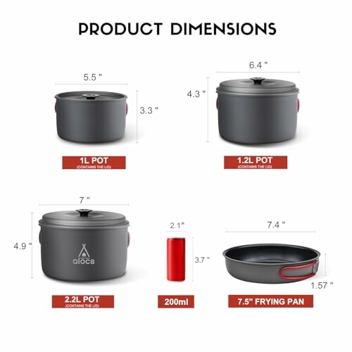 Dimensions of camping cookware set including pots and frying pan