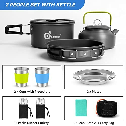 Camping cookware set with kettle, pots, cups, plates, cutlery, sponge, and carry bag.