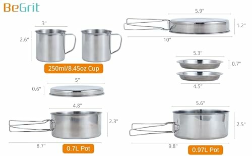 Camping cookware set with pots and cups, labeled with dimensions.