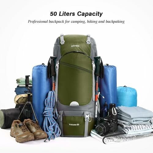 Camping backpack with gear for hiking and outdoor activities.