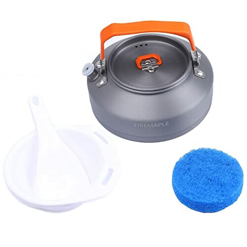 Camping kettle with handle, bowl, spoon, and sponge.