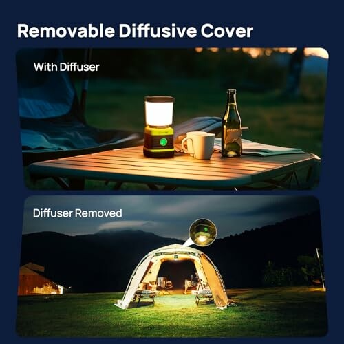 Camping lantern with removable diffusive cover, shown with and without diffuser.