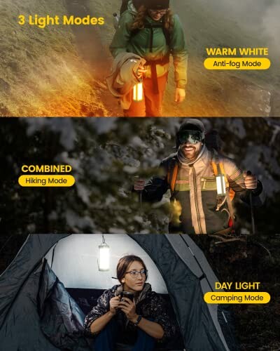 Three light modes for a camping lantern: warm white anti-fog mode, combined hiking mode, and daylight camping mode.