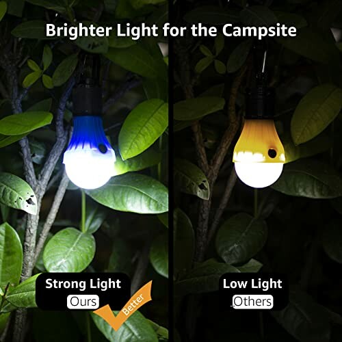 Comparison of two camping lights, one bright and one dim, hanging on trees.