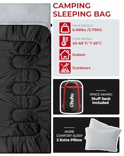 Camping sleeping bag with temperature rating and included pillows.