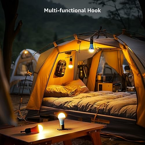 Cozy camping tent with lights and gear