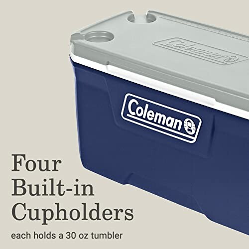 Coleman cooler with built-in cupholders.