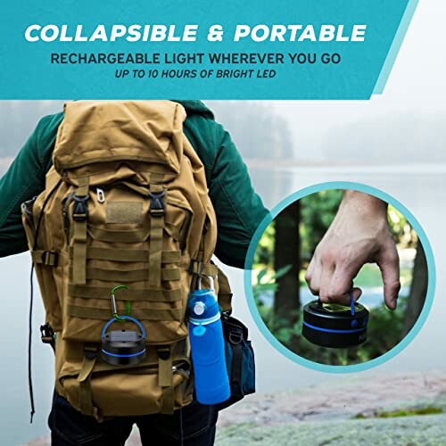 Collapsible and portable rechargeable light attached to a backpack with a person holding it.