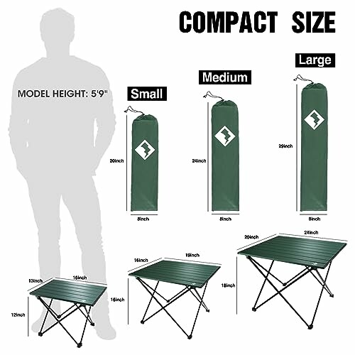 Comparison of small, medium, and large compact camping tables with model for scale.