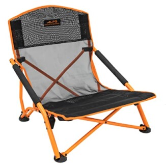 Compact folding camping chair with orange frame and mesh back.