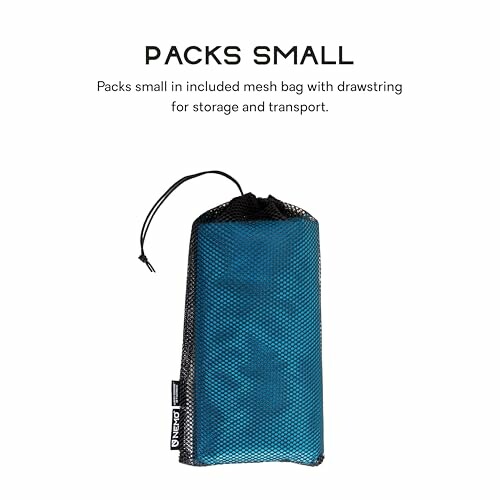 Compact mesh bag with drawstring for storage and transport.