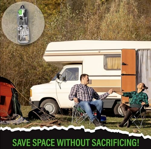 Couple relaxing by camper with compact toolkit above.