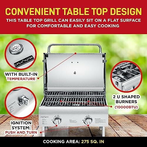 Portable tabletop grill with built-in temperature gauge and two U-shaped burners.